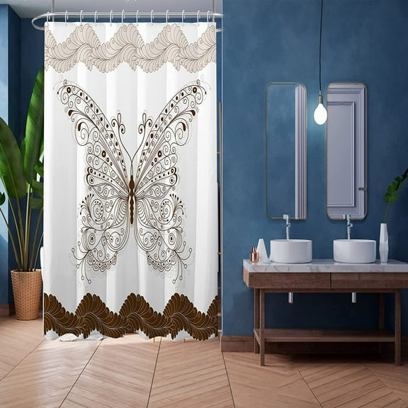Bathroom Stall Shower Curtain 36x72, Boho Butterfly Bath Curtain Beige Mahogany Abstract Ocean Wave Shower Curtain Set for Bathrooms, Water Resistant Polyester Fabric Machine Washable