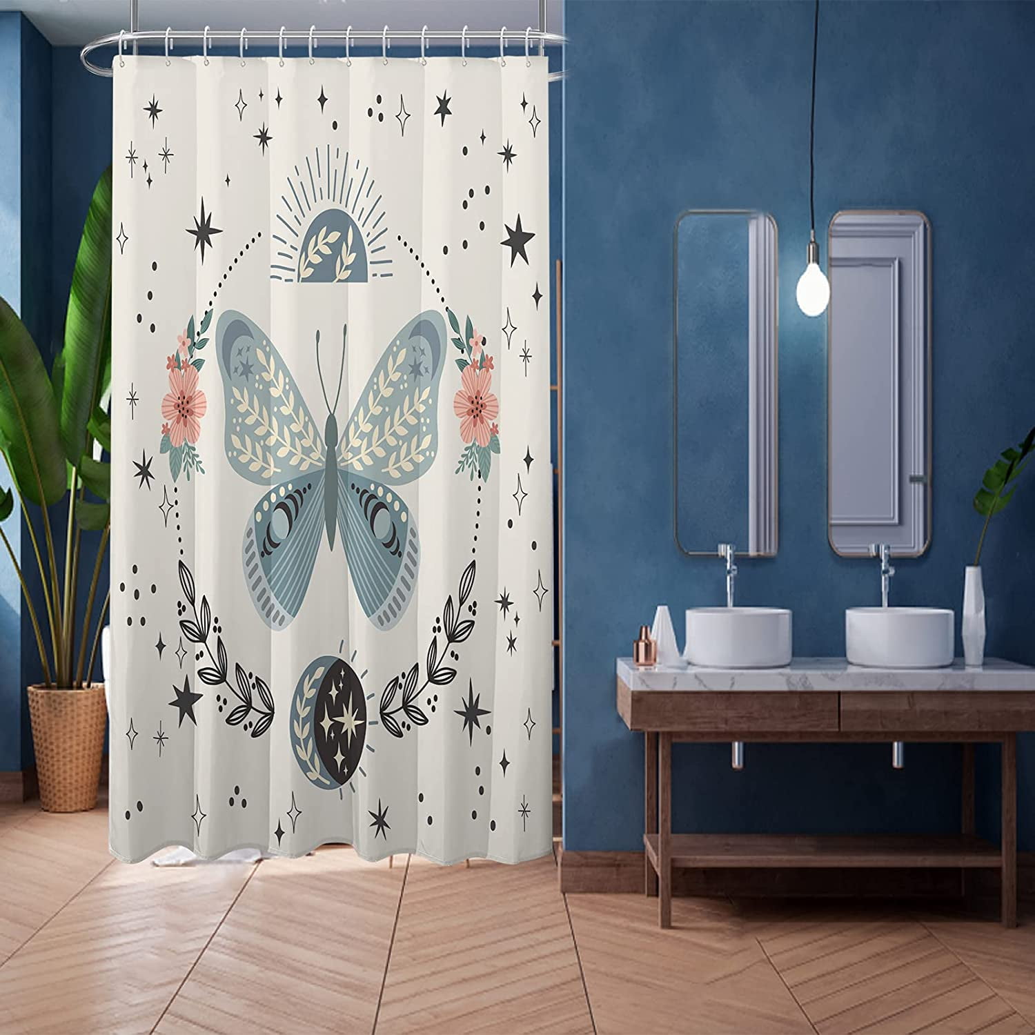 Bathroom Stall Shower Curtain 36x72, Boho Butterfly Floral Bath Curtain