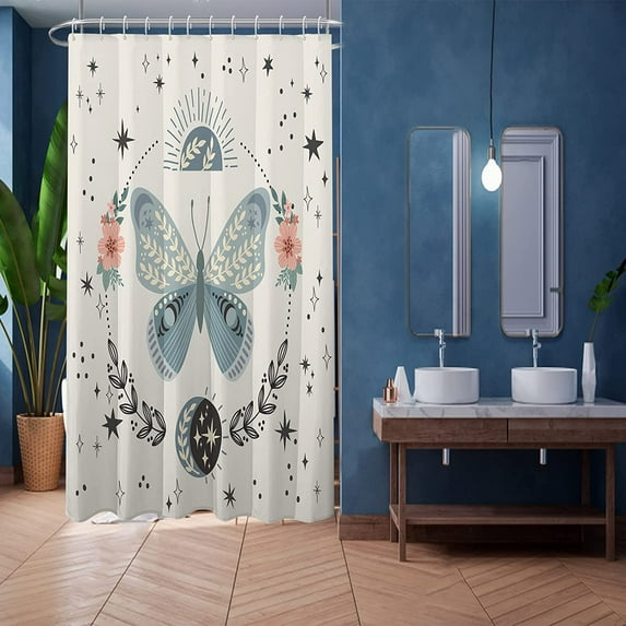 Bathroom Stall Shower Curtain 36x72, Boho Butterfly Floral Bath Curtain Abstract Vintage Sun Moon Shower Curtains Set for Bathroom, Water Resistant Polyester Fabric Washable Machine Wash