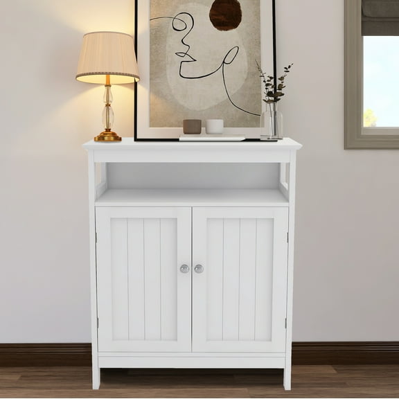 Bathroom Standing Storage With Double Shutter Doors Cabinet & 2 Shelves,Bathroom Cabinet Freestanding Storage Organizer use eco-friendly MDF- Cream White Finish