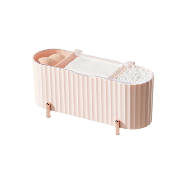Bathroom Storage Box, Transparent with Lid Household Makeup Cotton Pad and Beauty Blender Organizer for Vanity and Countertop Dustproof Container Case, Pink