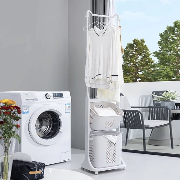 Bathroom Storage Cabinet 2-Tier Laundry Hamper Sorter with Hanging Bar, Rolling Laundry Baskets with Wheels Removable, Stackable Laundry Cart Organizer and Storage for Small Space, Dorm, Closet, Bath