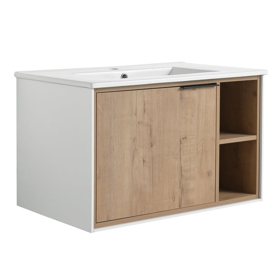 30" Floating Wall-Mounted Bathroom Vanity - Imitative Oak Plywood with Soft-Close Door, No Sink Included