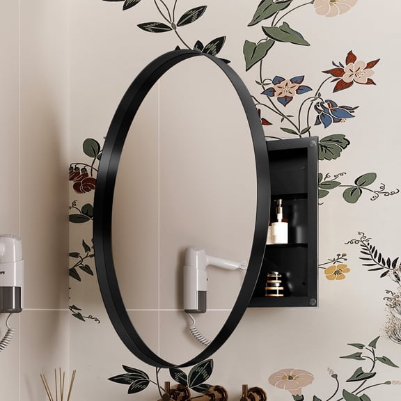 Bathroom Storage Cabinet 31.5 Inch Surface Mount Round Metal Framed Medicine Cabinet with Mirror and Adjustable Shelves Black Wall Mirror with Storage for Bathroom, Matte Black,Bathroom Vanity