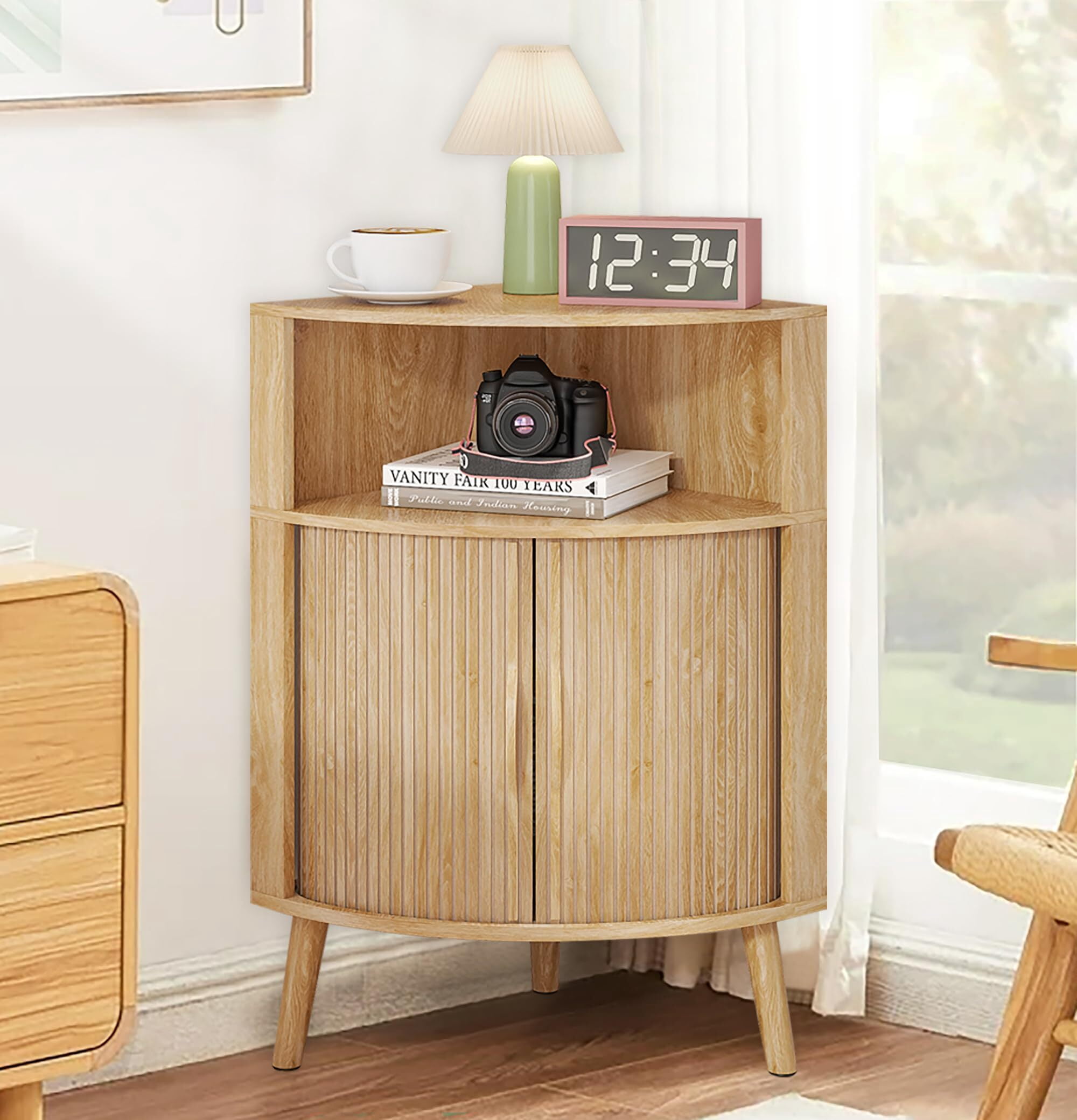 Bathroom Storage Cabinet, 31.5" Narrow Floor Corner Storage Cabinet with Fluted Doors & Shelves, Wood