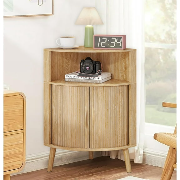 Bathroom Storage Cabinet, 31.5" Narrow Floor Corner Storage Cabinet with Fluted Doors & Shelves, Wood