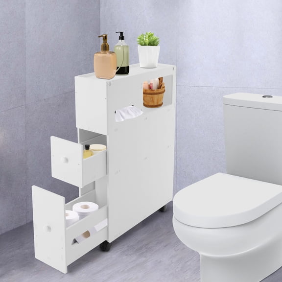 Bathroom Storage Cabinet 4-Tier Narrow Toilet Side Cabinet with Pull-Out Drawer & Tissue Slot, PVC Waterproof Floor Standing Organizer on Lockable Wheels, Slim Space-Saving Tower