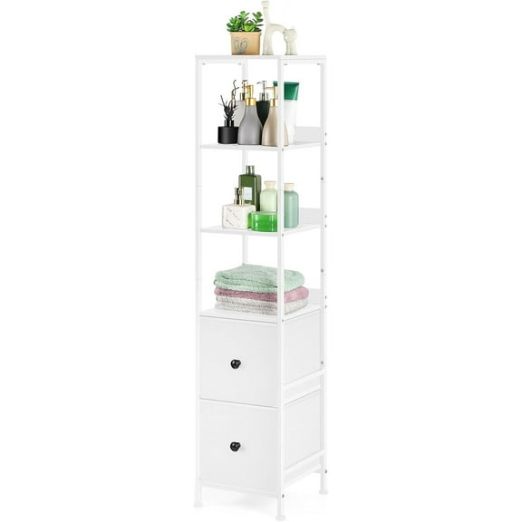 Bathroom Storage Cabinet 55.9'' Tall Bathroom Storage Floor Cabinet with 2 Drawers and Shelves, Slim Corner Cabinet Narrow Bathroom Organizer Rack for Living Room, Kitchen, White