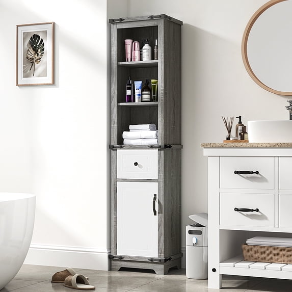 EVMORE 6-Tier Bathroom Storage Cabinet, Narrow Tall Cabinet Freestanding Storage Tower with Doors and Adjustable Shelves for Living Room, Kitchen, Home, Office - Gray