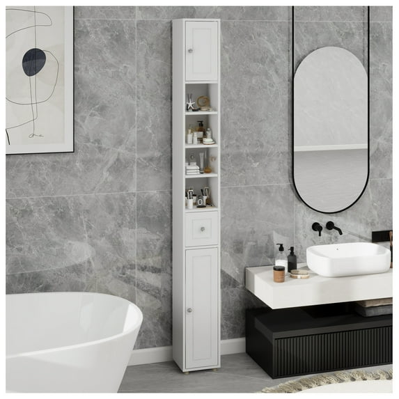 Tall Slim Bathroom Storage Cabinet, 71" Freestanding Bathroom Cabinet with 1 Drawer, 2 Doors and 4 Adjustable Shelves-White
