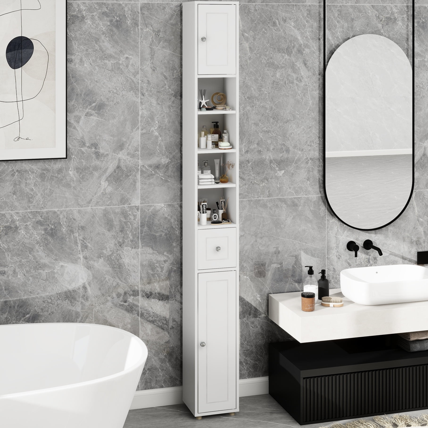 Bathroom Storage Cabinet 71" - White With 4 Adjustable Shelves 1 Drawer, 2 Doors Organize Your 7.98" X 72.25" Freestanding For Towels, Cosmetics Modern Design Home