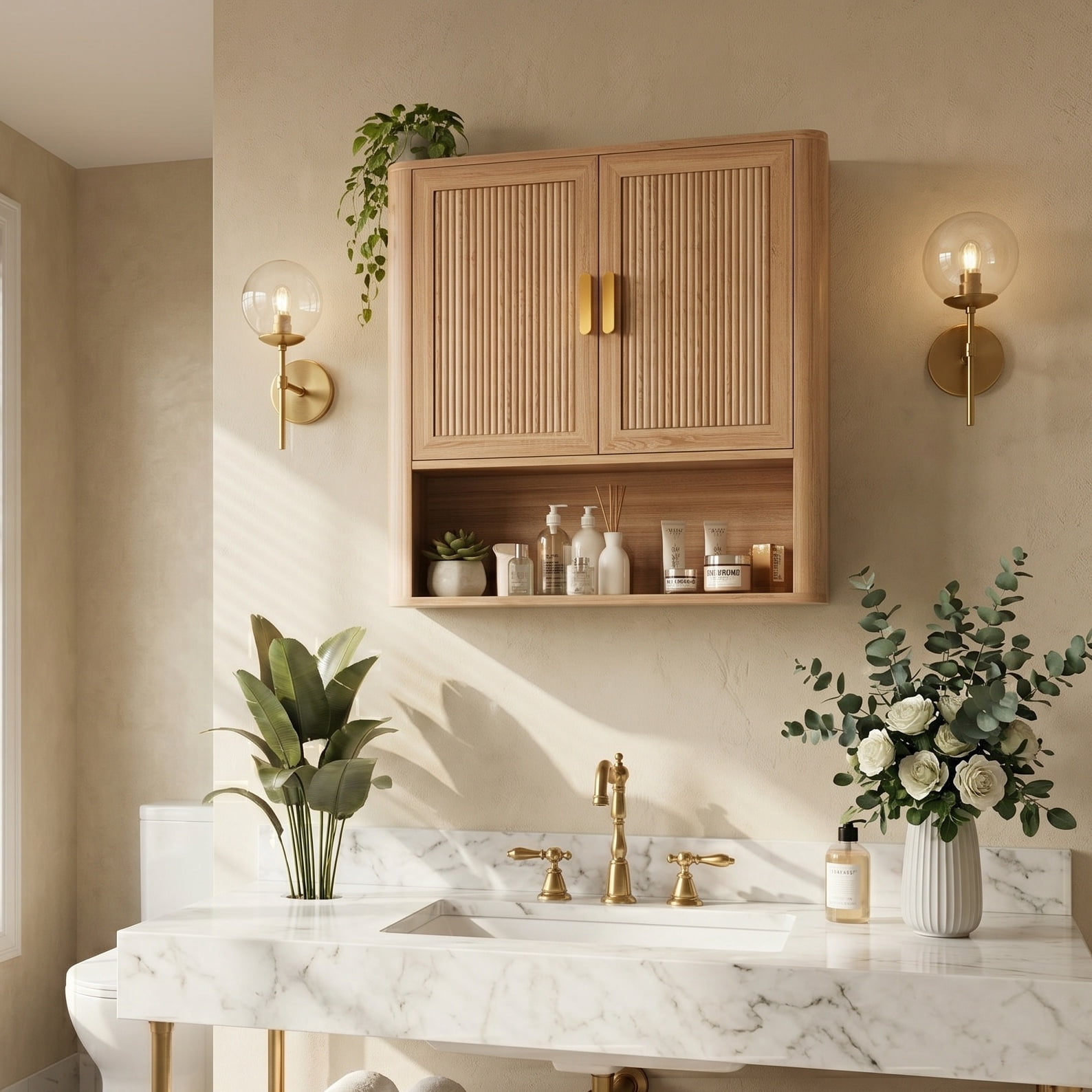 Bathroom Storage Cabinet with Adjustable Shelves, Over The Toilet Organizer for Laundry Room, Kitchen & Living Room, Medicine Cabinet with Wood Doors Natural Wood