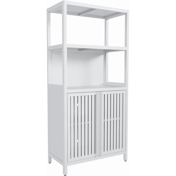 Bathroom Storage Cabinet, Bamboo Bathroom Cabinet Freestanding Floor Organizer with 2 Doors for Living Room, Kitchen, Entryway,White