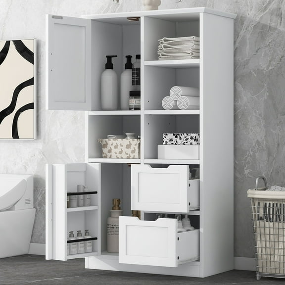 Bathroom Storage Cabinet Bathroom Storage Cabinet with Doors and Drawers, Multiple Storage Space, Freestanding Style, Open Shelve, Adjustable Shelf, White,Bathroom Vanity