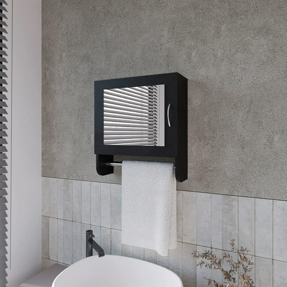 Bathroom Wall Storage Black Medicine Cabinet with Towel Bar and Included Mirror,Bathroom Storage Rack