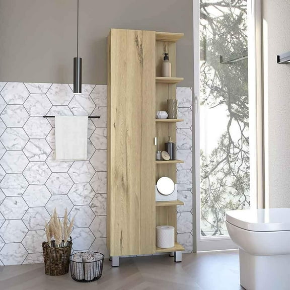 Bathroom Storage Cabinet Corner Cabinet Womppi, Five Open Shelves, Single Door, Light Oak Finish,Bathroom Vanity