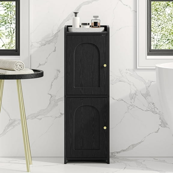 Bathroom Storage Cabinet, Corner Floor Cabinet with 2 Doors and Adjustable Shelf, Narrow Toilet Paper Cabinet, Bathroom Organizer for Small Spaces, Black