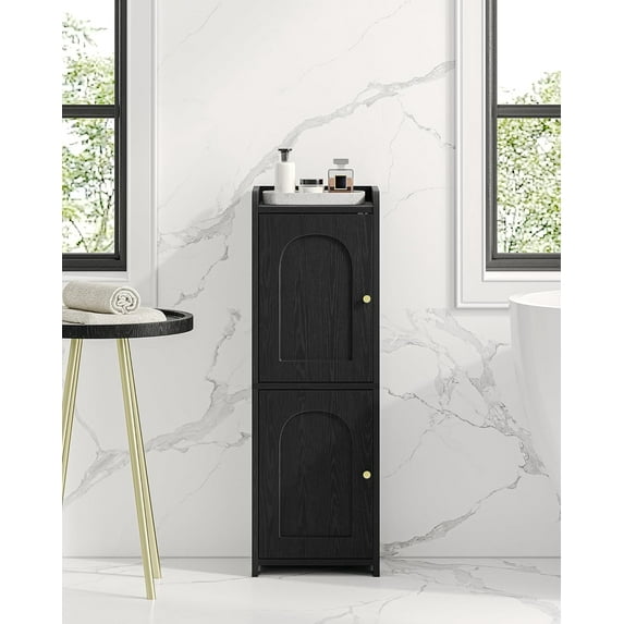 Bathroom Storage Cabinet, Corner Floor Cabinet with 2 Doors and Adjustable Shelf, Narrow Toilet Paper Cabinet, Bathroom Organizer for Small Spaces, Black