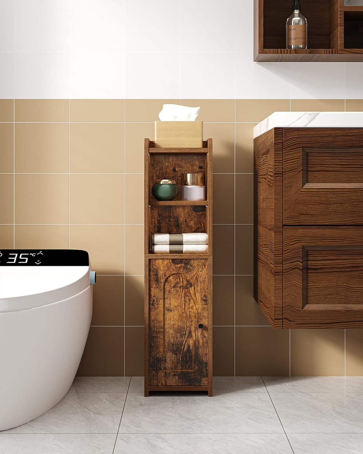 Bathroom Storage Cabinet, Corner Floor Cabinet with Doors and Adjustable Shelf, Narrow Toilet ...