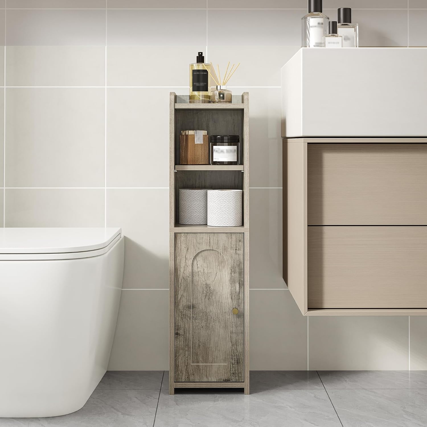 Bathroom Storage Cabinet, Corner Floor Cabinet with Doors and Adjustable Shelf, Narrow Toilet ...
