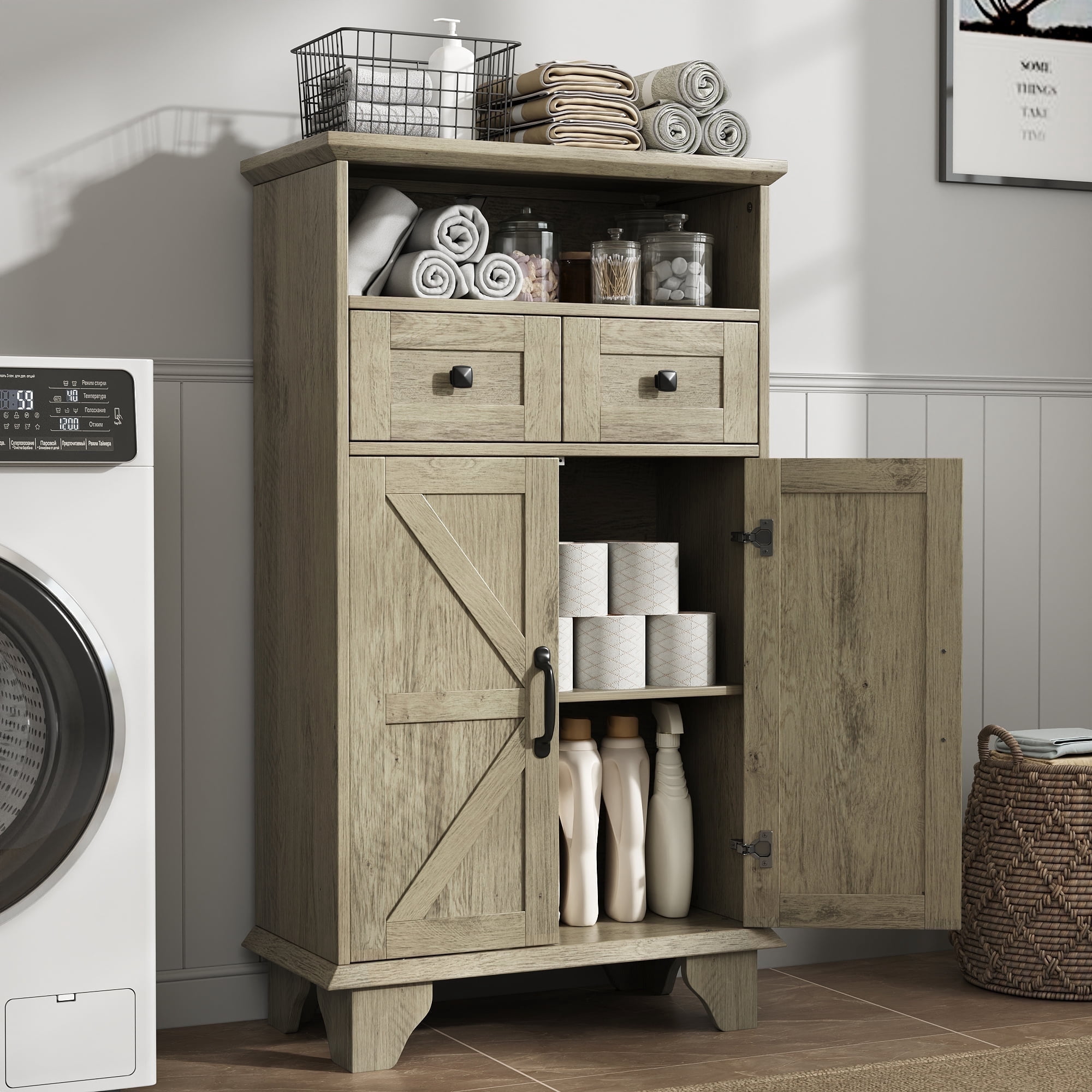 Bathroom Storage Cabinet with Doors and Drawers,Farmhouse Bathroom Floor Cabinet freestanding with Adjustable Shelf,41.3"H Bathroom Organizer,Wood Grain