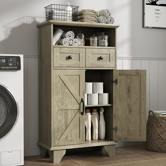 Bathroom Storage Cabinet with Doors and Drawers,Farmhouse Bathroom Floor Cabinet freestanding with Adjustable Shelf,41.3"H Bathroom Organizer,Wood Grain