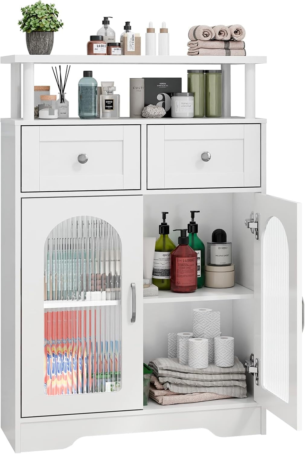 Bathroom Storage Cabinet with Doors and Shelves, White Modern Floor Cabinet with Adjustable ...