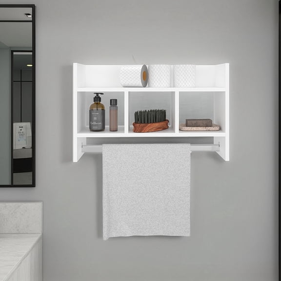 Bathroom Storage Cabinet FM FURNITURE Franklin Bath Shelf with Towel Bar, Open Shelves, and Storage Space for Bathroom Items, White,Over The Toilet Storage