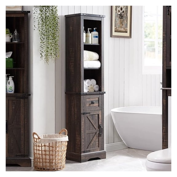 Bathroom Storage Cabinet, Farmhouse Storage Cabinet with Adjustable Shelves & Drawer, Tall Linen Tower for Bathroom, Living Room, Dark Rustic Oak