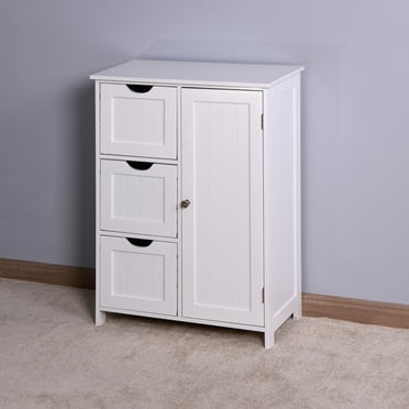 Bathroom Storage Cabinet, Floor Storage Organizer with 3 Drawers, 1 Door and Adjustable Shelf, Free Standing Wooden Storage Cupboard, Storage Cabinet for Entryway, Living Room, Bedroom, White, D3361