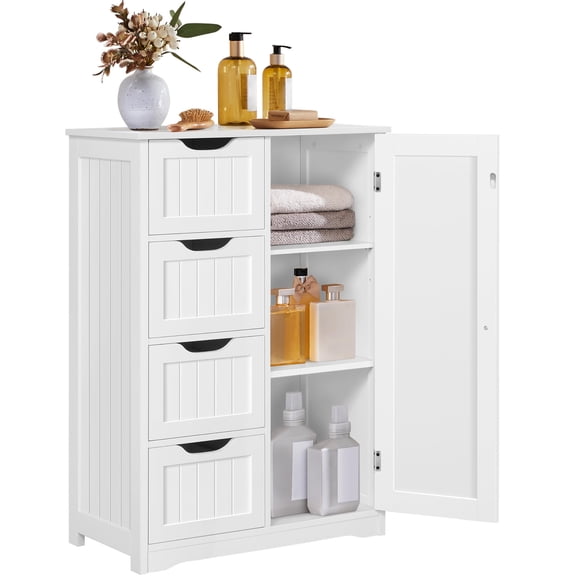 Bathroom Storage Cabinet, Floor Standing Organizer with 4 Drawers and Side Cupboard, Space-Saving Unit for Toiletries Towels Cosmetics in Bathroom Living Room Kitchen, White
