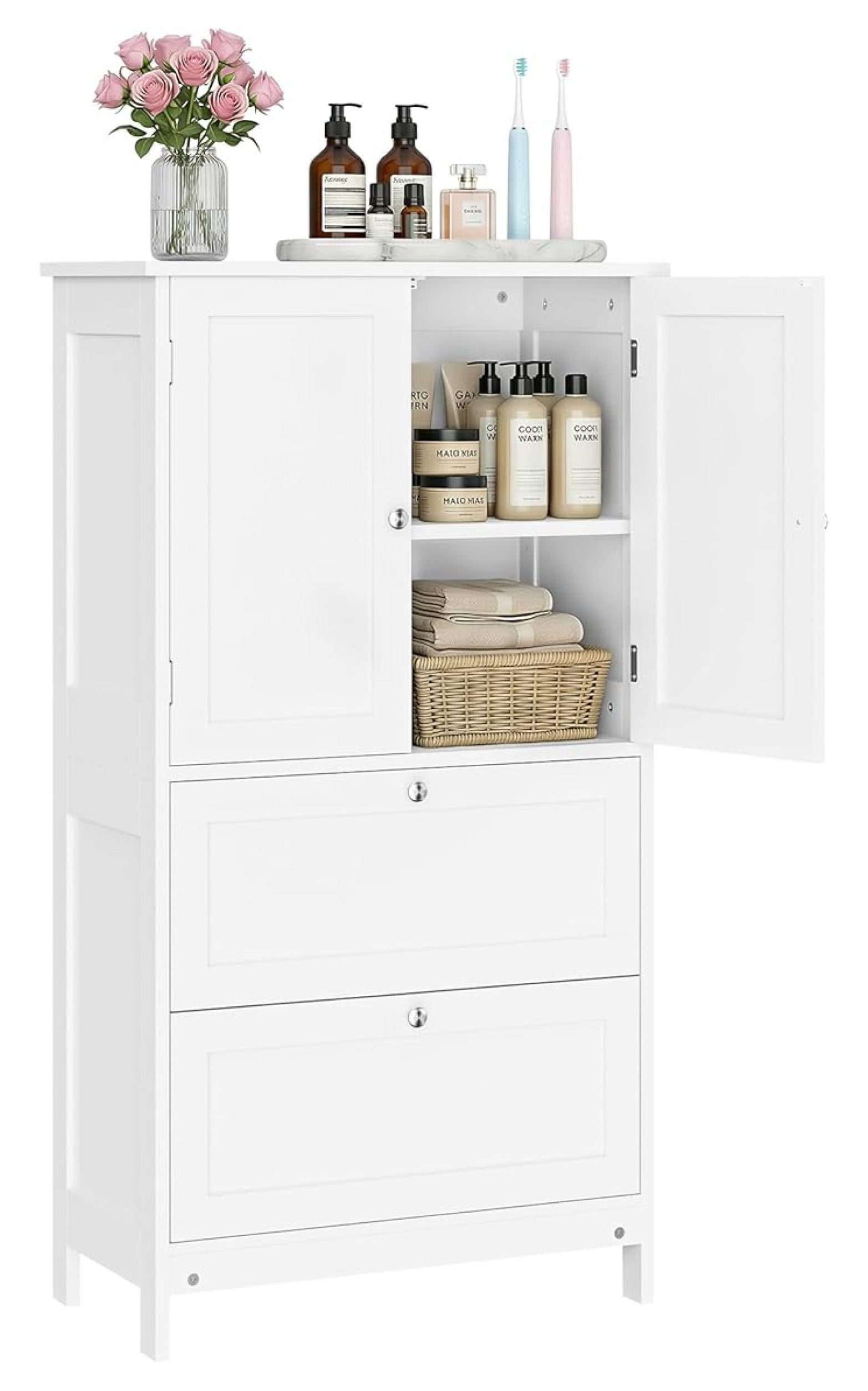 Bathroom Storage Cabinet Floor Standing, White Storage Unit w/ 2 ...