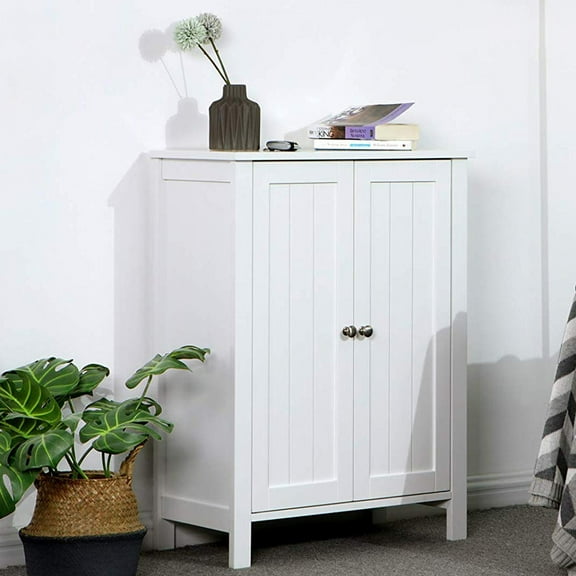 Bathroom Storage Cabinet, Floor Wooden Storage Organizer, Free-standing Side Cabinet with Double Doors and Adjustable Shelves, Perfect for Bathroom, Living Room, Entryway, White, D5352