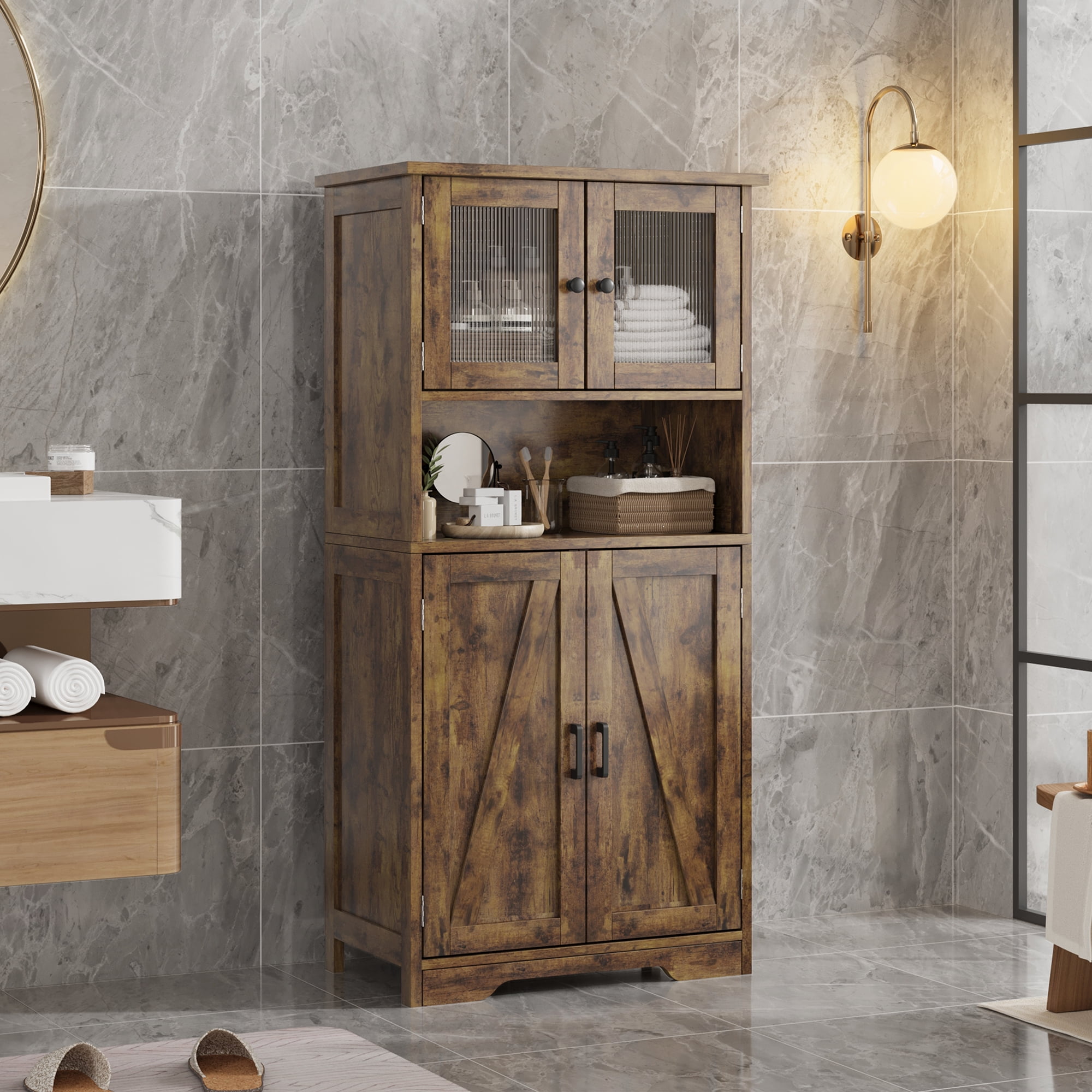 Bathroom Storage Cabinet, Freestanding Floor Linen Storage Cabinet with ...