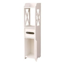 Bathroom Storage Cabinet Freestanding Floor Organizer With Door And Open Shelf, Narrow Cabinet For Toilet Paper Cosmetics Kitchen Living Room, White Wood Finish, 31.4X5.9X5.9 Inches