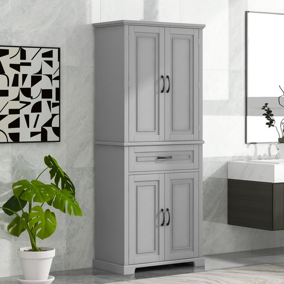 Bathroom Storage Cabinet, Freestanding Storage Chest with Anti-Tipping Device, 4 Doors, Adjustable Shelves and Storage Drawer