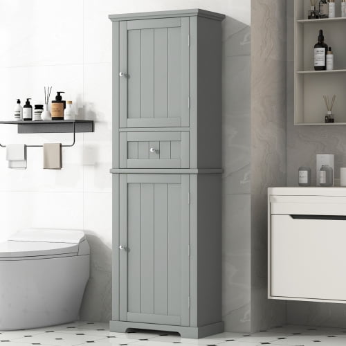 Bathroom Storage Cabinet, Freestanding Tall Storage Cabinet with Drawer and Adjustable Shelf for Bathroom, Living Room, Kitchen, Pantry, Gray