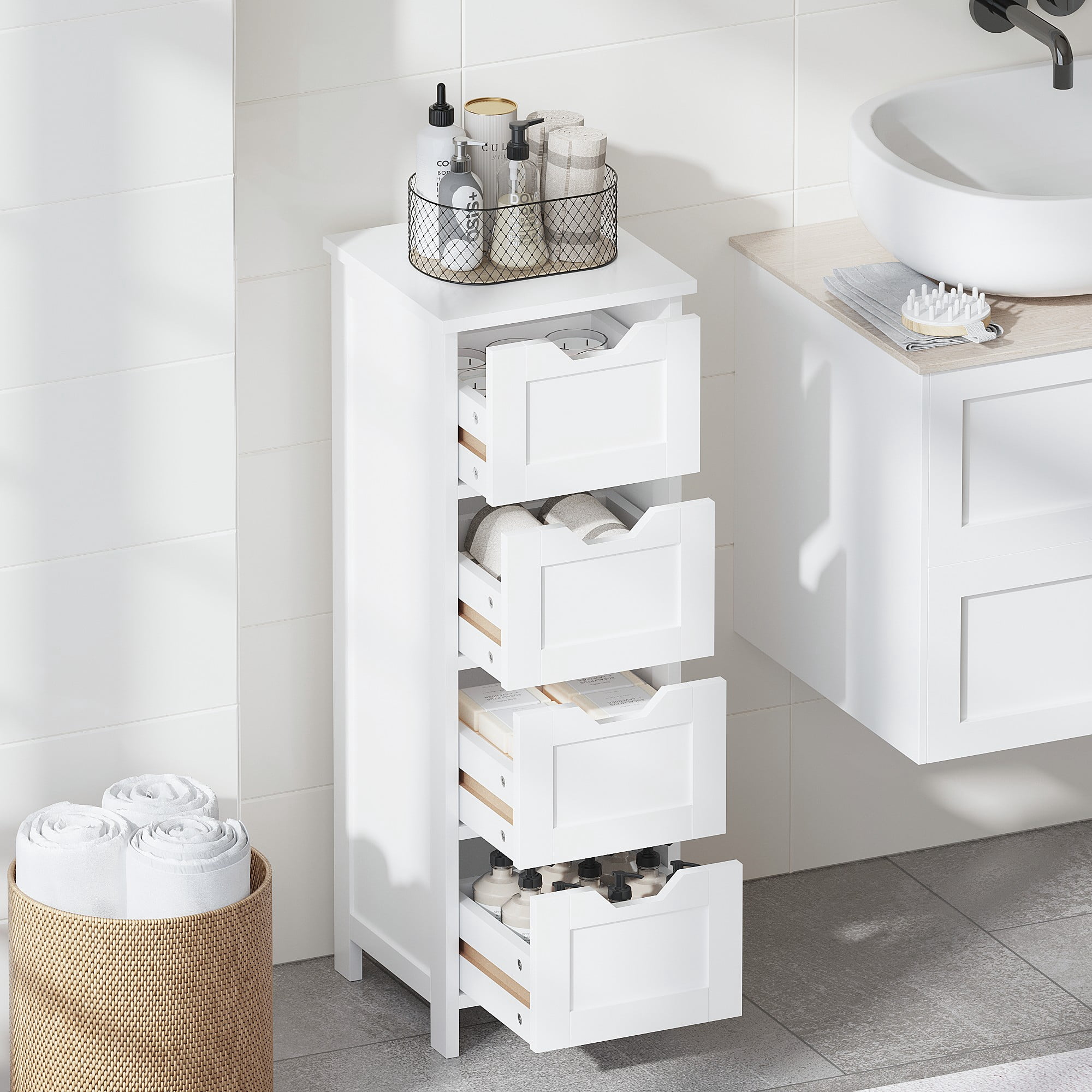 Bathroom Storage Cabinet,Freestanding Wooden Storage Organizer,Floor Storage Cabinet for Living Room Bedroom,White