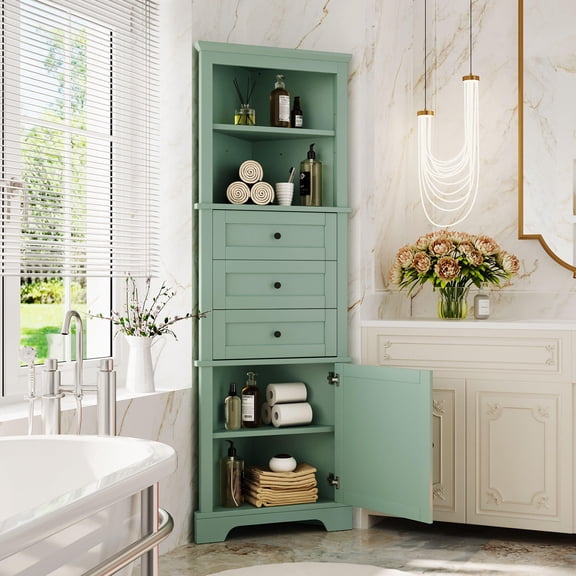Bathroom Storage Cabinet Green Triangle Tall Cabinet with 3 Drawers and Adjustable Shelves for Bathroom, Kitchen or Living Room, MDF Board with Painted Finish(Old Sku:WF306469AAG),Bathroom Vanity