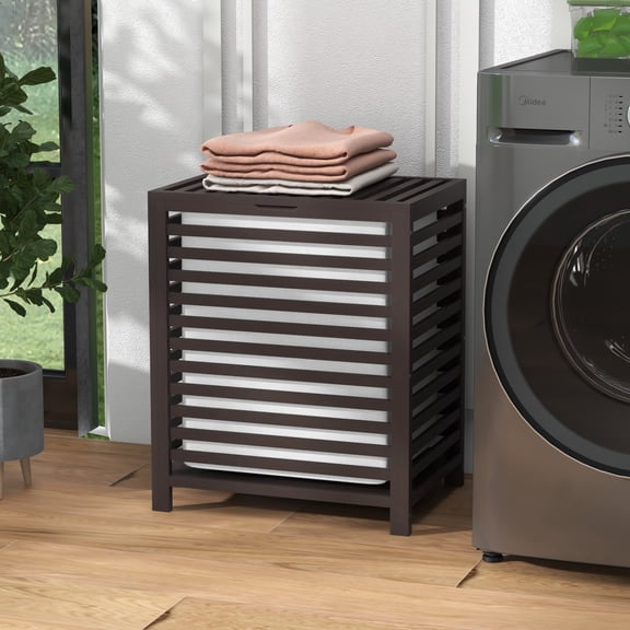 Bathroom Storage Cabinet HOMCOM Bamboo Laundry Hamper with Lid, Laundry Basket with Removable Liner Bag, Dirty Clothes Hamper, 19.75 x 14.25 x 23.5 Inches, Coffee,Over The Toilet Storage