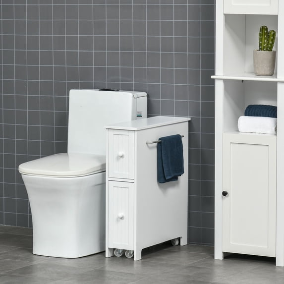 Bathroom Storage Cabinet MDF Storage Chest With Toilet Paper Holder 2 Drawers Side Towel Rack Wheels For Living Room
