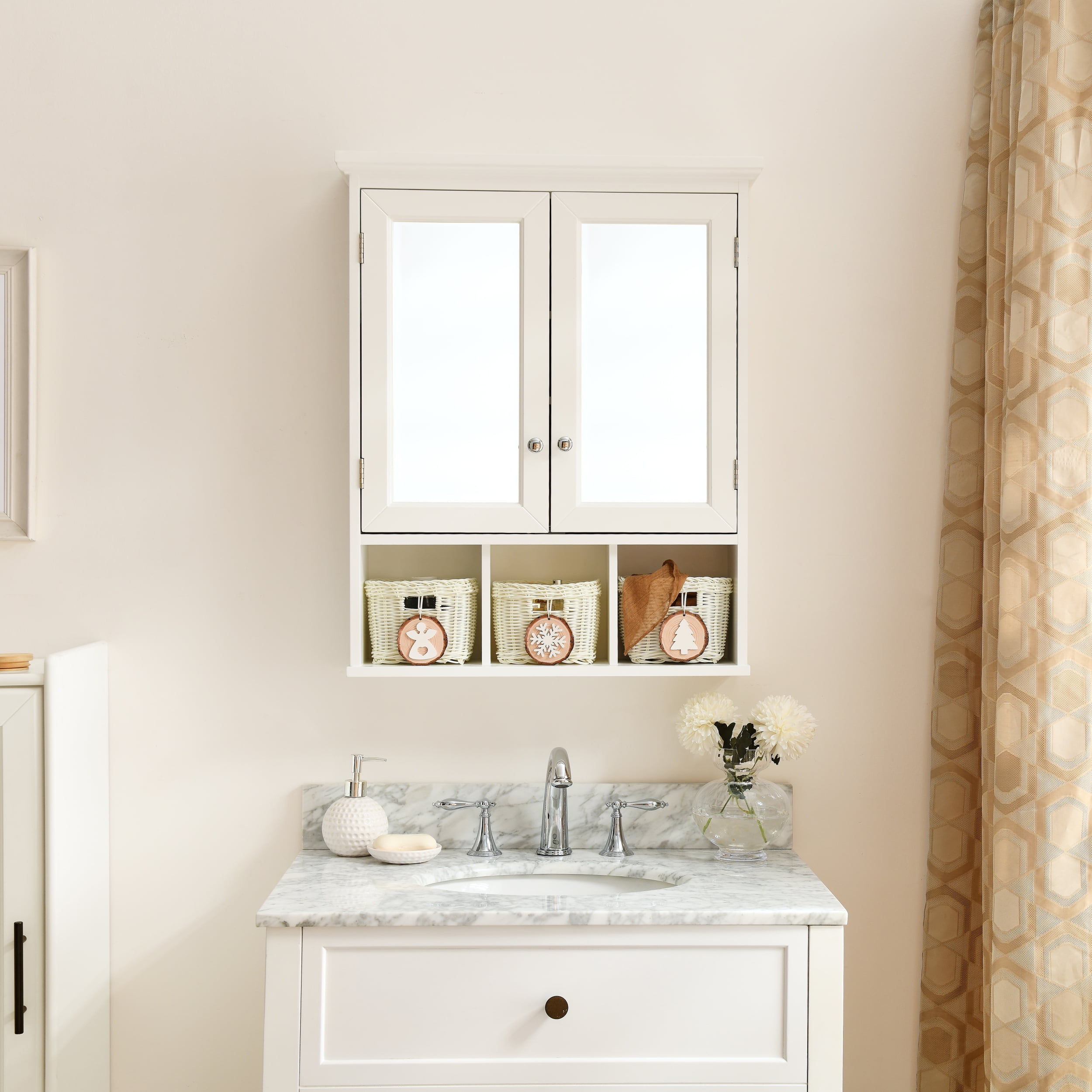 White Lacquered MDF Bathroom Wall Cabinet with Mirrors and Adjustable Shelves