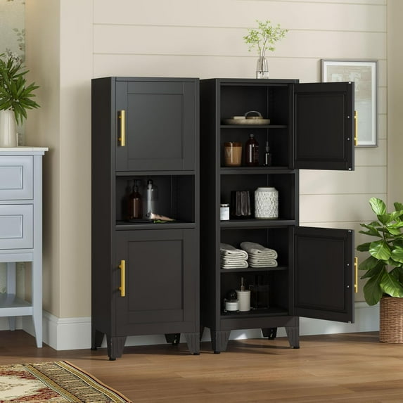Bathroom Storage Cabinet, Metal Kitchen Pantry Cabinet with Doors and Adjustable Shelves, Narrow Bathroom Organizer for Kitchen, Living Room, Home Office
