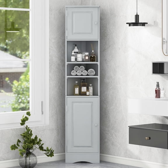 Bathroom Storage Cabinet Multi-Functional Corner Cabinet Tall Bathroom Storage Cabinet with Two Doors and Adjustable Shelves, Open Shelf, Grey,Bathroom Vanity