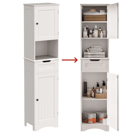 Narrow Linen Cabinet with Door and Drawers for Small SpacesWhite