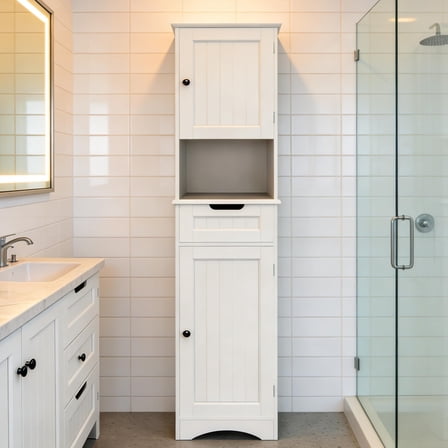 Tall Bathroom Storage Cabinet,Narrow Linen Cabinet with 2 Doors＆Adjustable Shelves for Small Spaces|Bathrooms|Entryway|Kitchen,White