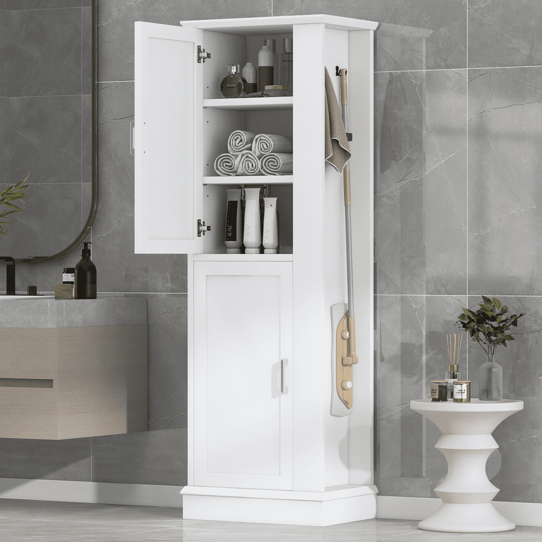 Bathroom Storage Cabinet, Narrow Tall Storage Cabinet with Hook and ...