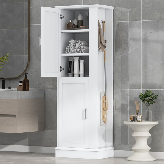 Bathroom Storage Cabinet, Narrow Tall Storage Cabinet with Hook and Adjustable Shelf, Freestanding Bathroom Organizer Cabinet for Bathroom Living Room Entryway Kitchen, White