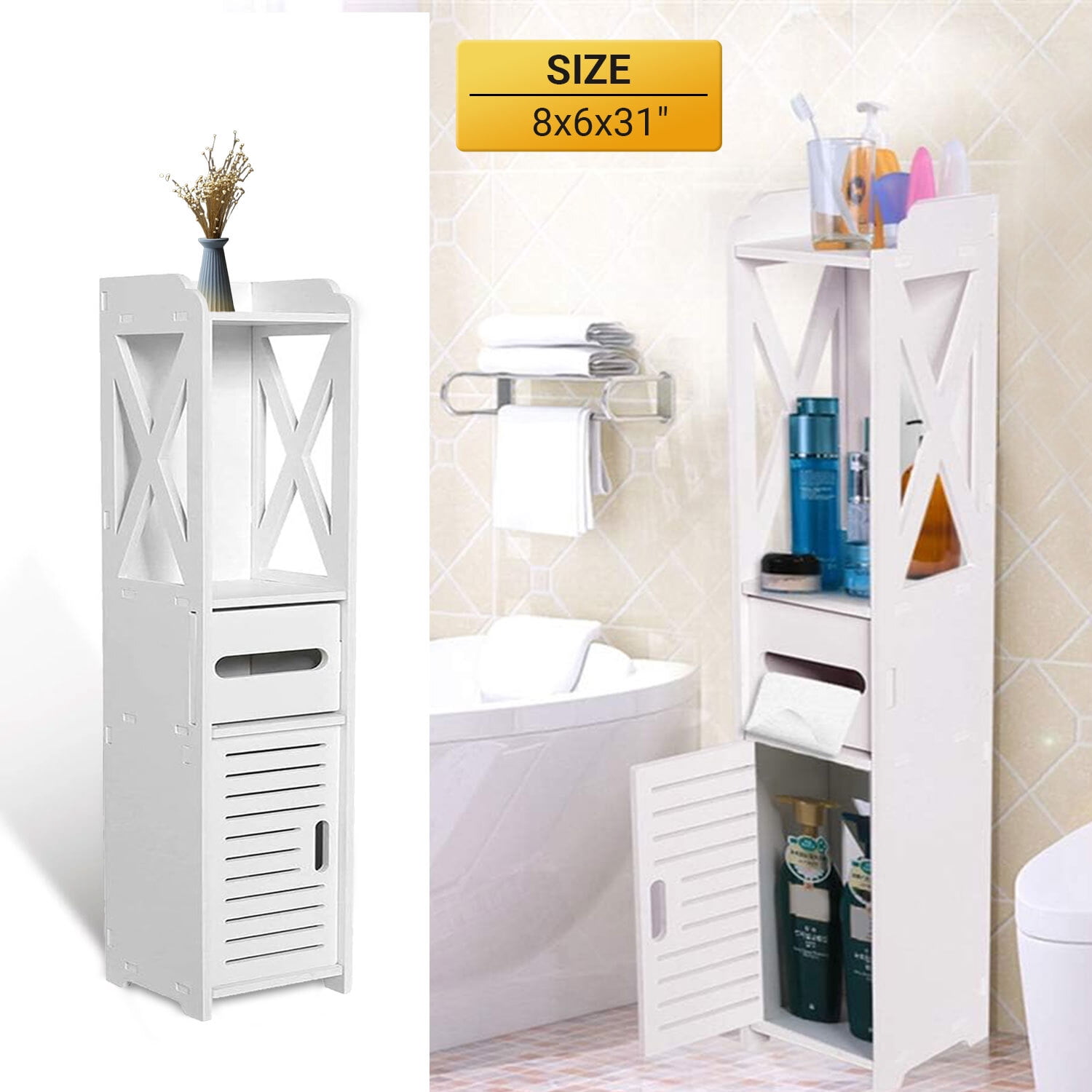 Bathroom Storage Cabinet Organizer with 1 Doors and 3 Shelves, 4 Tier ...