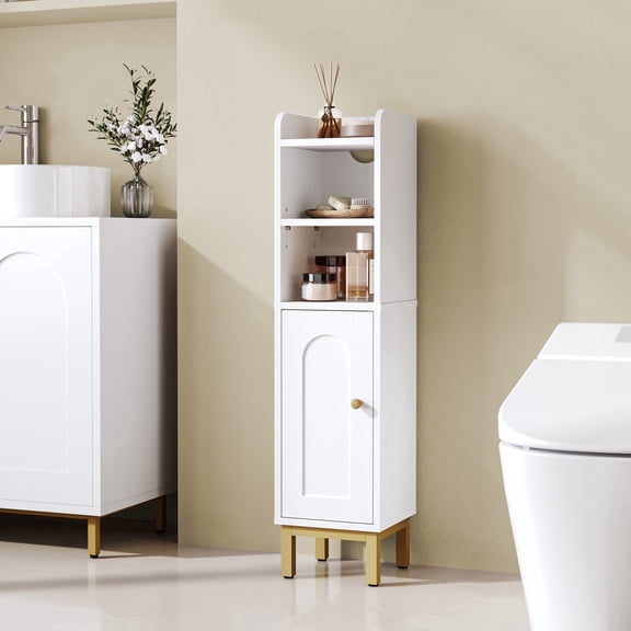 Hzuaneri Bathroom Storage Cabinet, 32.7" Tall Freestanding Space‑Saving Corner Floor Organizer with Door, Adjustable Shelves & Built‑in Toilet Paper Holder for Small Spaces, White